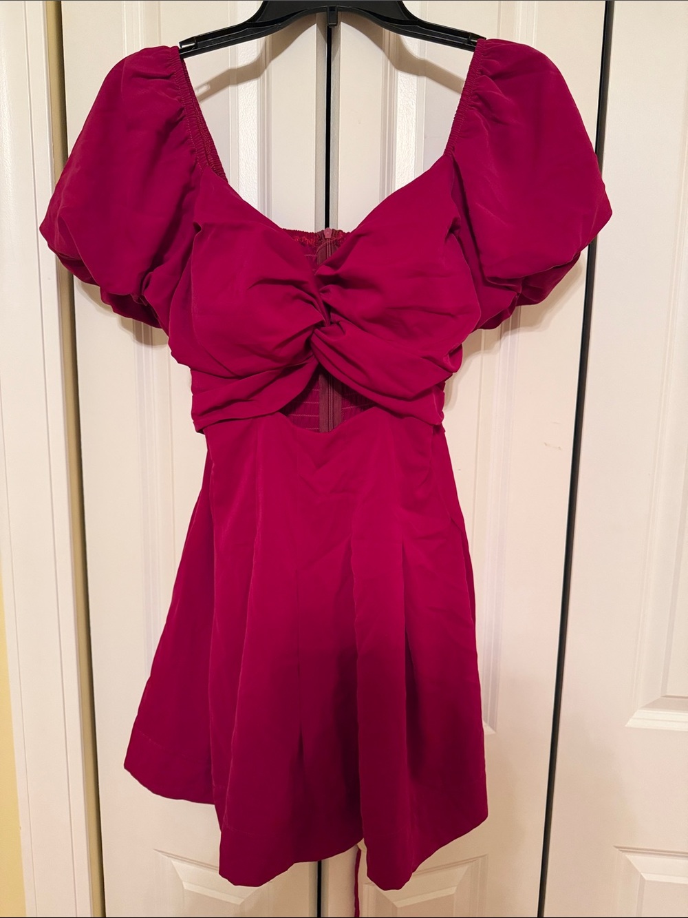 Fuchsia Puff Sleeve Mini Dress with Cutout Waist – Size S - Picture 2 of 5